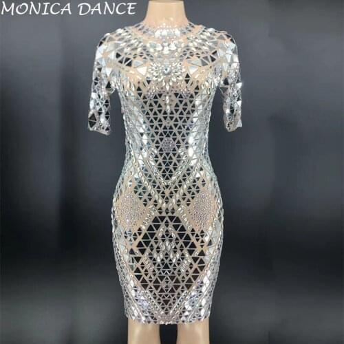 Women Sexy Sparkly SilverMirrors Mesh Sexy Dress Women Birthday Party Celebrate Rhinestones Dress Evening Sexy Dance Costume