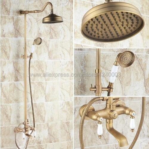 Antique Brass 8" Rainfall Bath Shower Faucet Set Bathroom Double Handle Tub Shower Mixer Tap with Handshower Krs116