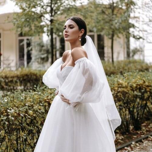 White Bridal Sleeves Off-shoulder Wedding Puff Sleeves Shiny Soft Tulle Detachable Bridal Bicep Sleeves Wedding Accessories