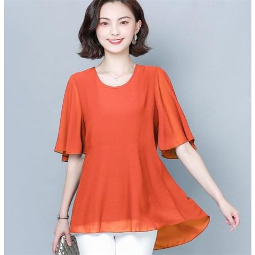 Summer Chiffon Shirts Female Soft Loose Breathable Blouses Half Flare Sleeve Two Layer Chiffon Shirts Plus Size Women Tops M-8XL