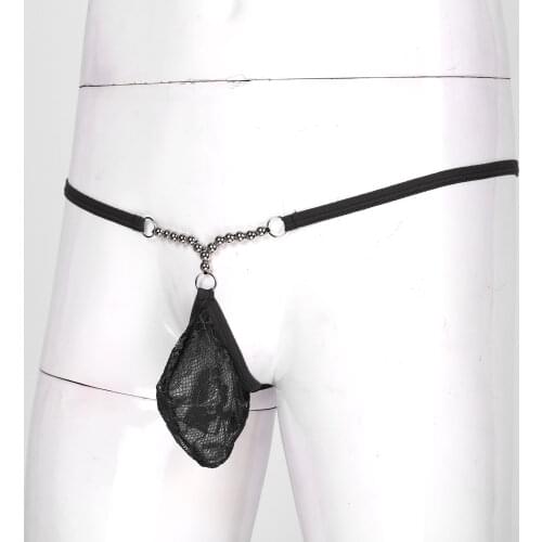 Breathable Lace Men G-String Thongs Sexy Low Rise Bulge Pouch Elastic Waistband T-Back Artificial Pearls/Bead Exotic Underwear