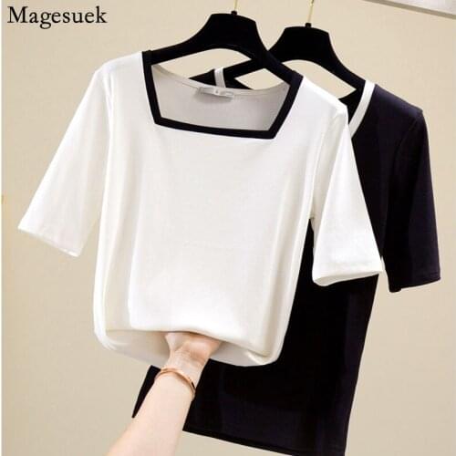 Elegant Women Square Collar Short Sleeve Shirt Korean Cotton T-shirt 2021 Summer Causal Vintage Shirts Ladies Tops White 13390