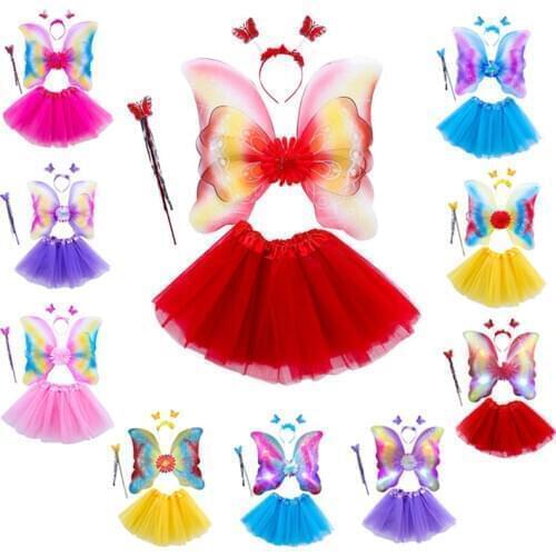 4Pcs Girls Fairy Cosplay Costume Set Tulle Tutu Skirt Double Layer Butterfly LED Wings Wand Headband Princess Stage Dress Up