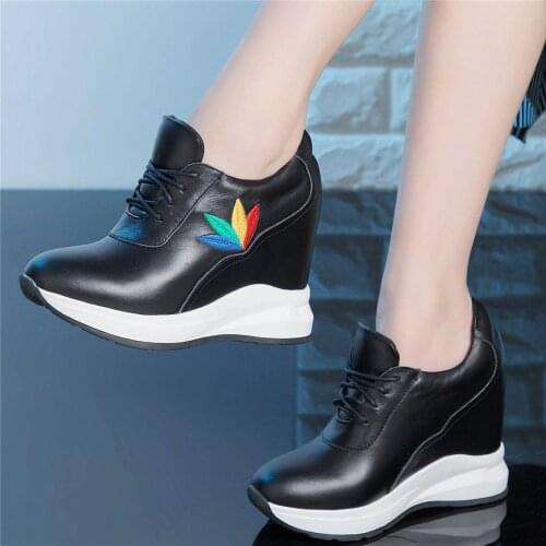 Fashion Sneakers Women Lace Up Genuine Leather Wedges High Heel Ankle Boots Female Round Toe Platform Oxfords Shoes Casual Shoes