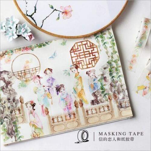 30/40/50mm Ancient Qing Dynasty Chinese Palace Figure Painting Buildings Decorativ Washi Tape DIY Planner Scrapbook Masking Tape