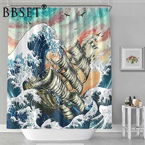 Marine Shower Curtain Sailboat Sailing In Huge Waves Pattern Waterproof Multi-size Douchegordijn Bathroom Decor with Hooks