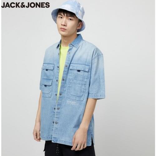 JackJones Mens Oversized Multi-pocket Letter Printed Cargo Short-sleeved Denim Shirt | 220204503