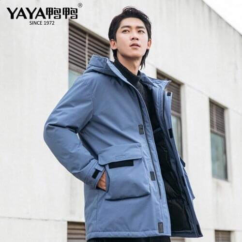 YAYA 2021 Mens White Duck Down Jacket Hooded Medium length Thick Down Coat Windbreak Waterproof Loose Casual Warm Outerwear