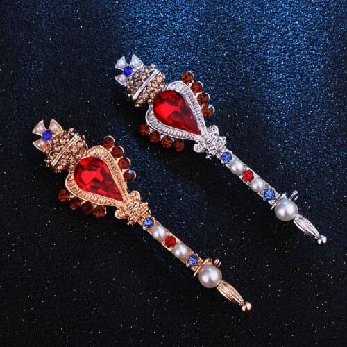 New Fashion Retro Crown Cross Red Rhinestone Pins and Brooches Little Magic Wand Lapel Pin Brooch Shirt Men Clothing Accessories