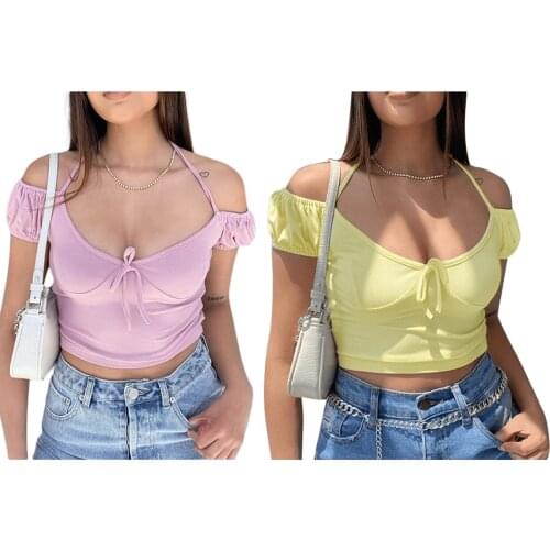 Hirigin New Women’s Casual Short Sleeve T-shirt Fashion Solid Color Halter Bandage Exposed Navel Low Chest Tops