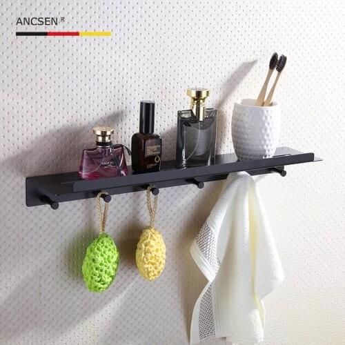 Stainless steel black Bathroom shelf toilet vanity towel storage Bath Shampoo Rack Holder Organizer With Hooks wall hanging
