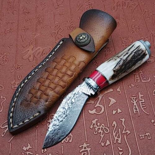 Dropship Outdoor Camping Survival Knife Damascus Steel Fixed Blade Knife Antler Handle Hunting Knife Hand Tools With Knife Cover
