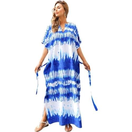 Q1QA Women Blue White Tie-Dye Print Kaftan Sexy V-Neck Split Maxi Long Beach Dress Loose Belted Bikini Swimsuit Cover Up