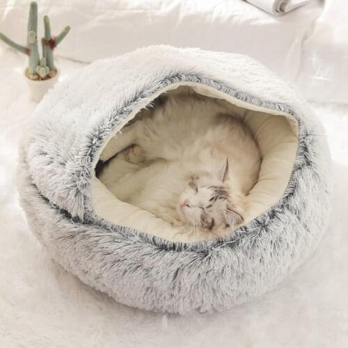 Round Plush Dog Bed Basket Kennel Cat House Winter Warm Sleeping Bag Cats Nest Soft Long Plush Pet Cushion for Medium Large Dogs