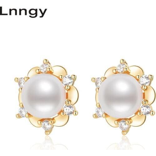 Lnngy 14K Gold Filled Earrings 6mm Natural Cultured Freshwater Pearl Vintage Stud Earrings Women Party Fine Jewelry Earrings
