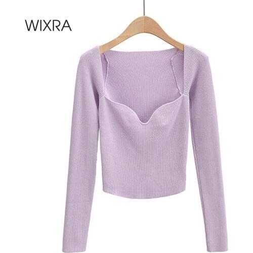 Wixra Womens Sweaters High Street Deep Square Collar High Street Long Sleeve Autumn Winter Slim Stretchy Pullovers Femme Jumpers