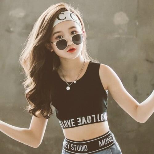 Girls Knitted Vest 2021 Children Sports Wear Suspenders T-shirt Kids High-Waisted Belly Button Jazz Dance hip-hop Alphabet Tops