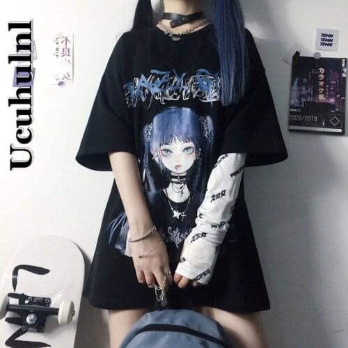 Ucuhulnl Funny Summer Womens Kpop T Shirt Black Harajuku Tshirt Streetwear Cartoon Ladies Loose Girl Japan Tops Casual Amine