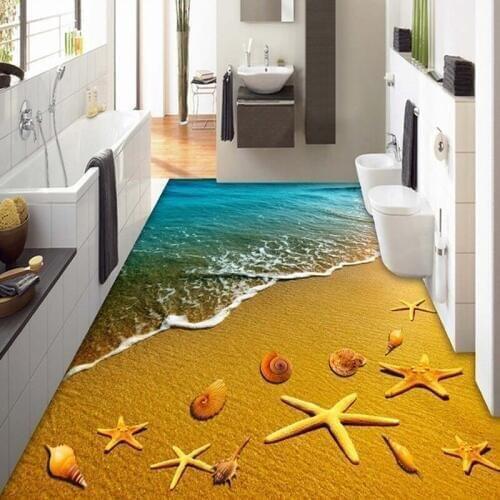 Custom Mural Wall paper Roll Golden Beach Shells Waves Vinyl Flooring Bathroom Living Room Bedroom Floor Self-adhesive Wallpaper
