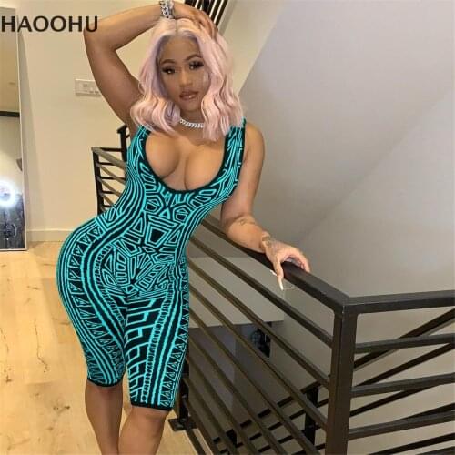 HAOOHU Womens Clothing Summer New Style Womens casual Slim Fashion Printed Tie-dye Round Neck Jumpsuit