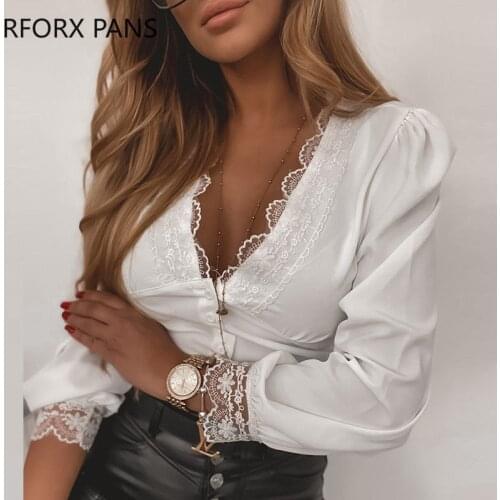 Spring Solid Splicing Lace Solid Color Long Sleeve Blouse Women Top 2021