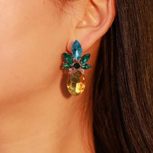 Rhinestone Pineapple Drop Earrings for Women Fresh Cute Fruit Earrings Big Exaggerated Fashion Jewelry Yellow Blue