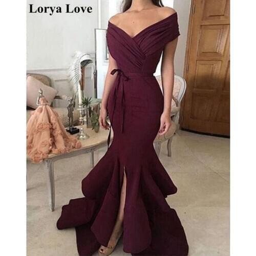 Burgundy Elegant Mermaid Formal Party Night Evening Dresses 2020 Off Shoulder Split Robe De Soiree Prom Gowns Women Long Dress