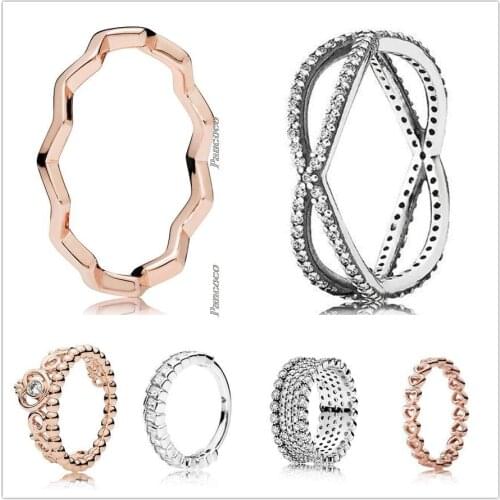 Authentic 925 Sterling Silver Rose Gold Princess Tiara Royal Crown With Crystal Ring For Women Wedding Party Fashion Jewelry