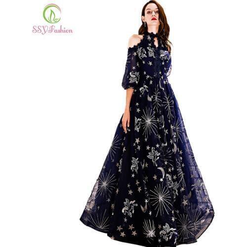 SSYFashion New Evening Dress Navy Blue Starry Pattern Soft Tulle Floor-length Prom Gown Custom Formal Dresses Robe De Soiree