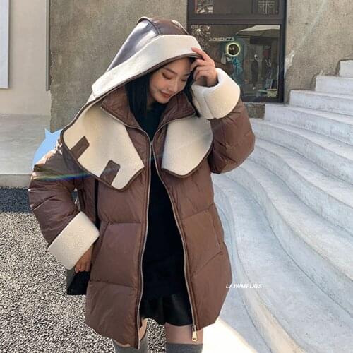 Winter 2021 New Down Jacket Womens Mid-length Thicken Loose Lamb wool fur Splicing Womens Down Coat Fashion