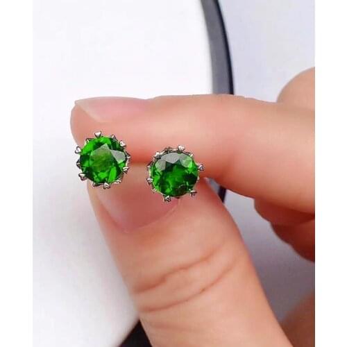 100% Genuine Diopside Stud Earrings 6mm Natural Chrome Diopside Silver Earrings Simple 925 Silver Diopside Stud Earrings