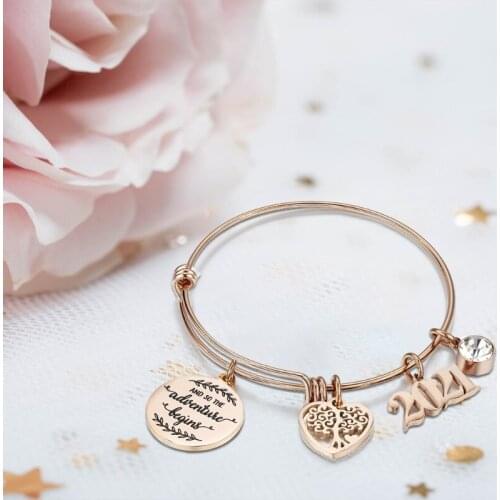 2021 Graduation Gifts Stainless Steel College High School Inspirational Pendant Charm Bracelet Adjustable Bangle Jewelry
