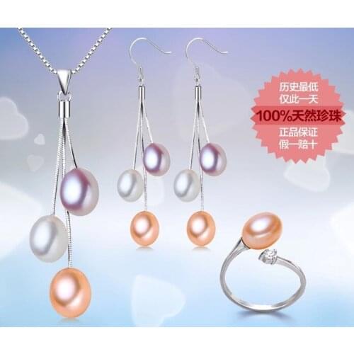 3 color 925 Sterling Silver Real Fashion Freshwater Pearl Jewelry Set with High Quality Bridal Hot Jewelry Set