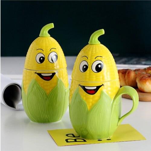 Free Shipping Ceramic Coffee Mug Happy Corn Cartoon Milk Cup Juice Mug Water Mug With Lid Table Decoration Drinkware Porcelain
