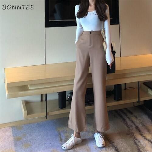 Pants Women Solid High Waist Korean Style Leisure Long Trousers Pockets Zipper Loose Soft Ladies Simple Elegant Womens Trendy