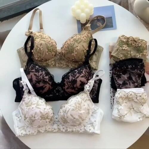 Lace Push Up Bras Women Sexy Luxury Small Breast Floral Embroidery Gathered Adjust Underwear Ladies Lingerie Sets Free Shipping