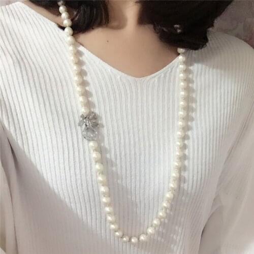 Hot sell 75cm white 8-9mm natural freshwater pearl bowknot clasp necklace long sweater chain fashion jewelry