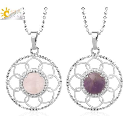 CSJA Reiki Flower of Life Necklaces Pendant Round Pink Purple Natural Gem Stone Crystal Quartz Necklace Green Aventurine G680