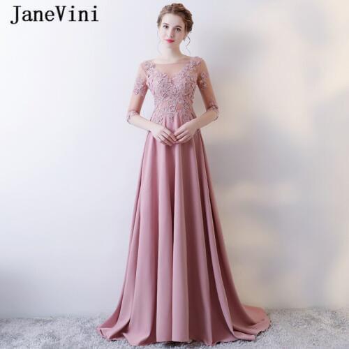 JaneVini Elegant A Line Long Prom Dresses 2019 Scoop Neck Beads Handmade Flowers Backless Satin Sweep Train Gala Dress for Women