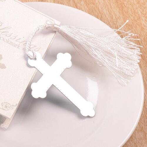 Good sell Silver Stainless Steel White Tassel Cross Bookmark For Wedding Baby Shower Party Birthday Favor Gift Souvenirs