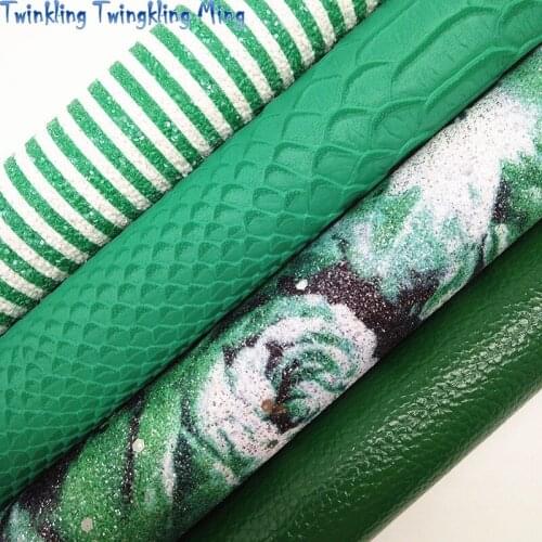 Green Stripes Printed Chunky Glitter Leather Litchi Synthetic Leather, Snake Faux Fabric For Bow A4 21x29CM Twinkling Ming KM261