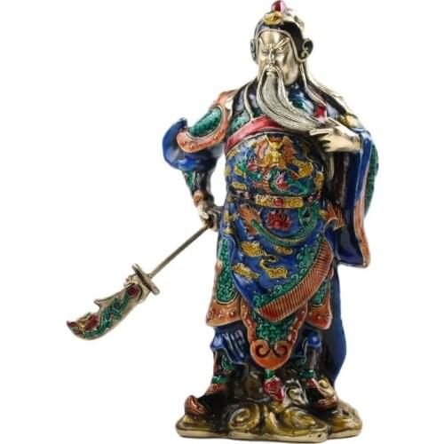 Chinese Cloisonne Brass Handwork Guan Gong Statue w Qian Long Mark