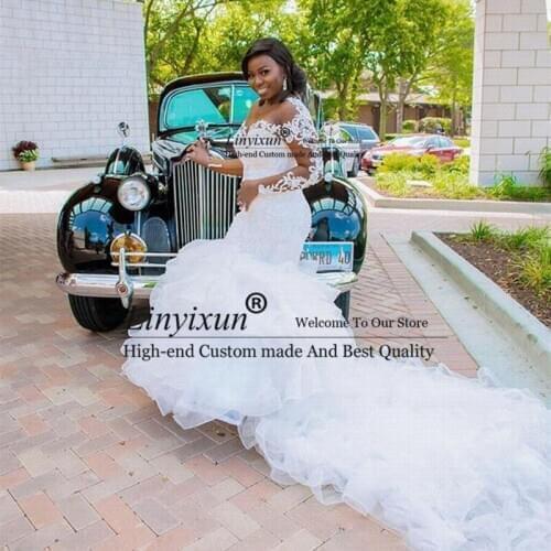 ToP Sale Long Sleeves Ruffle African Mermaid Wedding Dresses 2020 Organza Beads Sheer Bride Dress Lace Big Train Wedding Gown