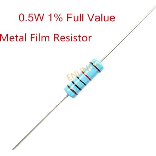 50pcs Metal Film Resistor 1% +1% -1% 1/2W 0.5W 0.1R-1M 1K 2.2K 4.7K 5.1K 6.8K 10K 15K 22K 47K 100K Ohm Resistance Diy Electronic