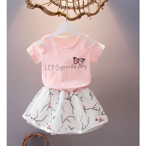 Fashion Girls Clothing Set 2PC Butterfly print Strapless T-shirt + Short skirt Summer Short Sleeve T Shirt Pants Kids Beach Sets