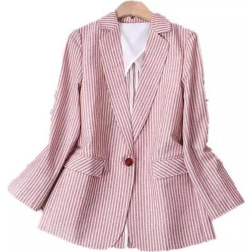 Fashionable cotton and linen small suit jacket female casual summer fall Slim vertical stripes one button suit women blazers NEW