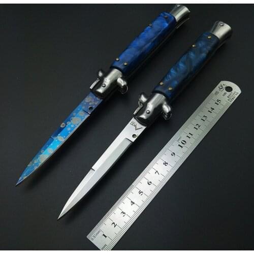 CHRISTMAS Gift Folding Knife Pocket Knife Hunting knife for Traveling Elegant Blue Titanium Resin Handle Godfather Stiletto tool
