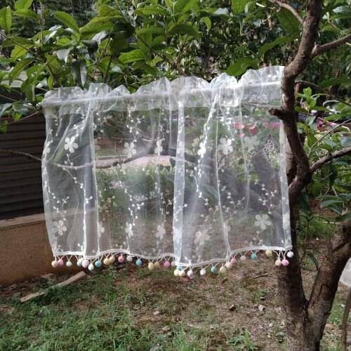 Colour Pom Pom Lace Sheer Curtains for Kitchen Cafe Bathroom Embroidery Floral Organza Half Small Valance Tier Window Drapes