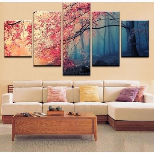 Spray 5-Pieces Modern Waterproof Canvas Red tree Landscape Painting Wall Art The Picture For Home Decoration Unframed