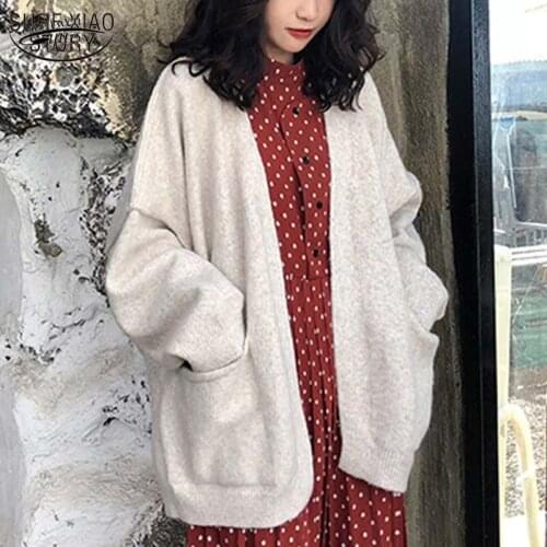Autumn and winter sweater fashion knitted womens wool 2021 long-sleeved womens sweater new loose thick V-neck cardigan 11261
